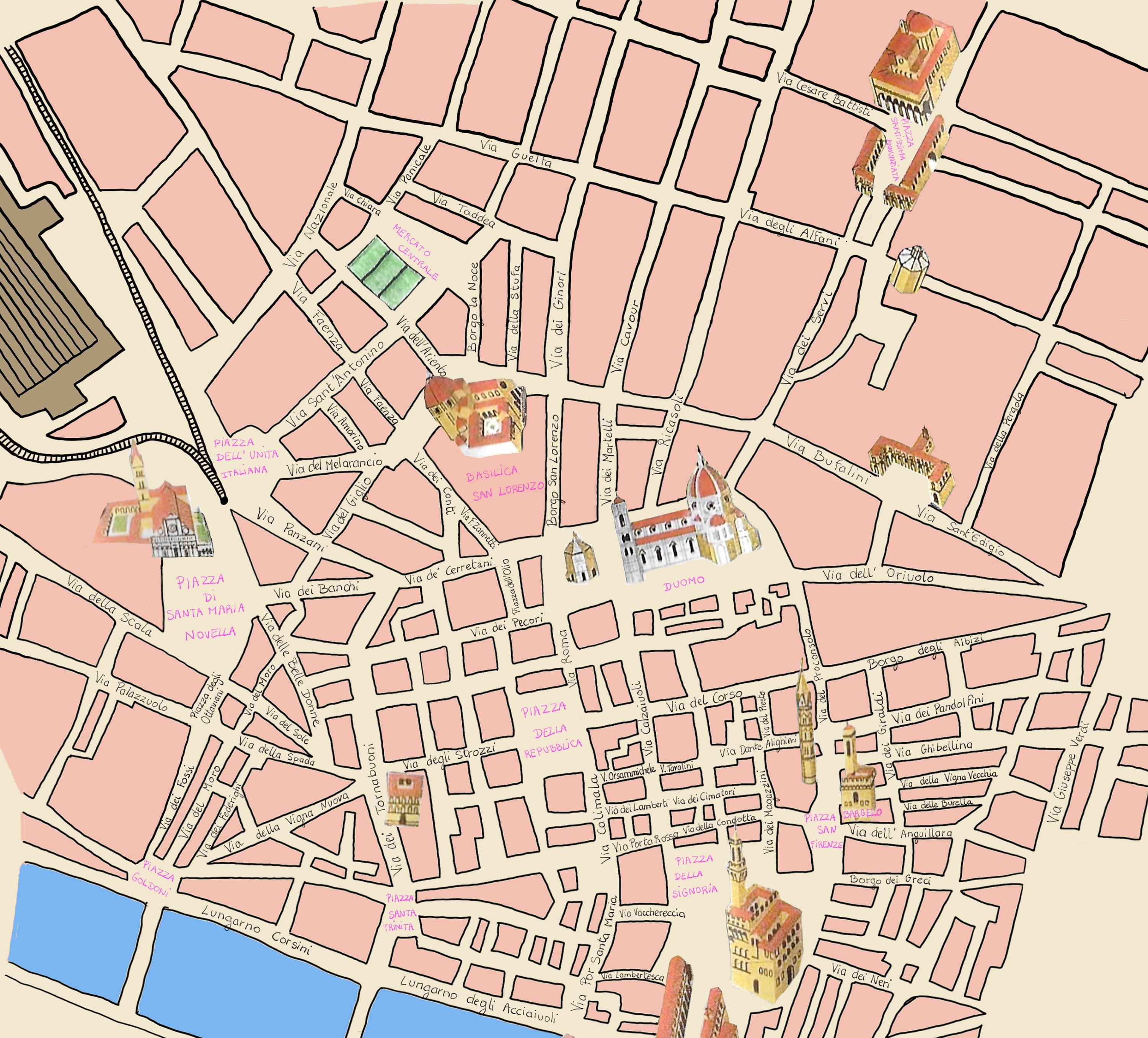 Illustrated treasure hunt map of Florence